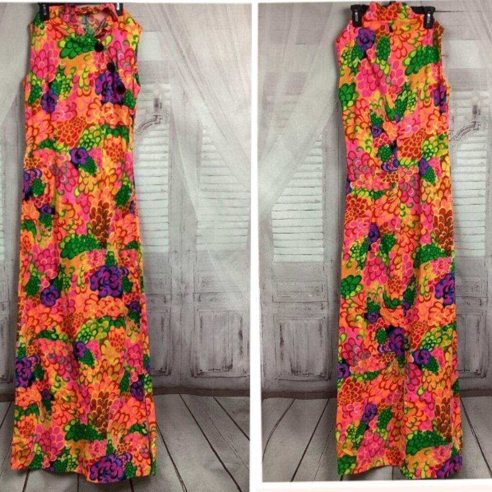 Vintage Psychedelic Maxi Dress Florals Pink Purple Green Orange 60s/70s S